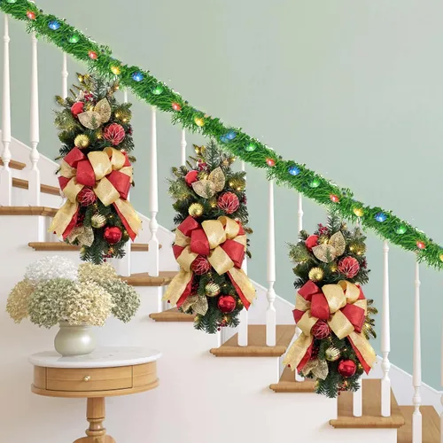 Vista 7 de Nerosun Guirnalda de Navidad artificial de 14.8 pies, 50 mini luces LED preiluminadas, funciona con pilas, guirnalda de Navidad para el hogar