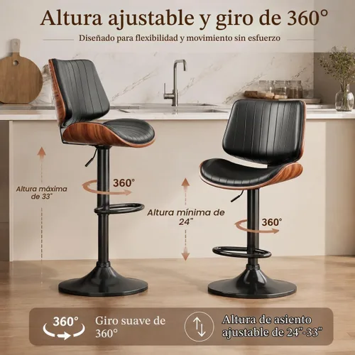 Vista 4 de Juego de 1 taburetes de bar giratorios de madera curvada ajustables para encimera de cocina, moderna silla de bar tapizada de piel sintética