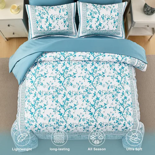 Vista 3 de Dobuyly Juego de edredón floral tamaño Queen, 7 piezas de cama en una bolsa, tamaño Queen, juego de ropa de cama botánico de flores aguamarina sobre