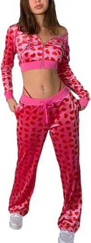 Vista 2 de Yiiciovy Conjunto deportivo de terciopelo rosa de 2 piezas para mujer, estampado de corazón, cremallera, sudadera con capucha Y2K, sudadera
