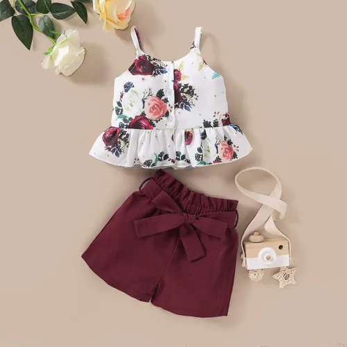 Vista 4 de Conjunto de ropa floral con volantes y pantalones cortos con lazo para el verano
