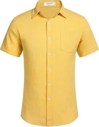 Vista 2 de COOFANDY - Camisa de lino de manga corta con botones estilo informal para hombre, para la playa