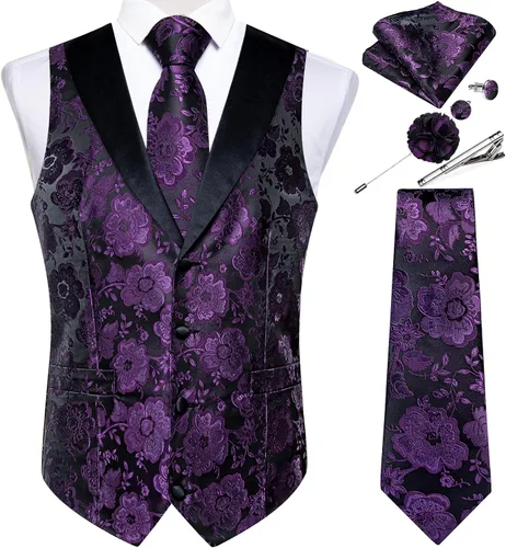 Vista 19 de DiBanGu Chaleco de traje de cachemira para hombre, chaleco jacquard de seda y corbata, chaleco formal de cuello de chal, 7 piezas para fiesta
