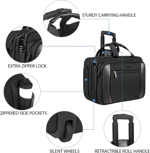 Vista 9 de EMPSIGN Maletín para portátil de 17,3" y bolsa con ruedas con bolsillos RFID para trabajo de negocios