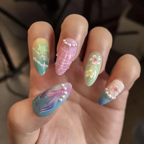 Vista 37 de Uñas postizas a presión medianas con diseño geométrico blanco almendra – 24 uñas postizas reutilizables de ABS brillante, fácil de aplicar, juego