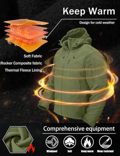 Vista 3 de CRYSULLY Chaqueta con capucha de forro polar táctica militar para hombre, chaqueta de caza, chaqueta de invierno, chaqueta cortavientos, chaqueta