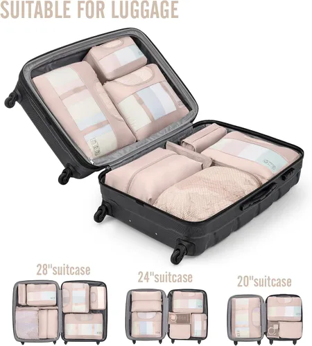 Vista 6 de Veken Juego de 10 cubos de embalaje para viajes, accesorios esenciales para vacaciones en la playa, cruceros, bolsas organizadoras de maleta