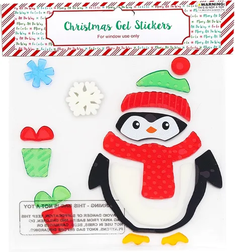 Vista 3 de 8 hojas de gel de Navidad para ventana, diseño de HO, Scooter con regalos, pingüino, gnomo, alegría, árbol de Navidad, Santa Sliegh, Feliz Navidad.