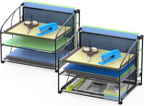 Vista 7 de Simple Houseware - Organizador de escritorio de 3 niveles con cajón deslizante, soporte para archivos colgantes y accesorio para porta lapices, Negro