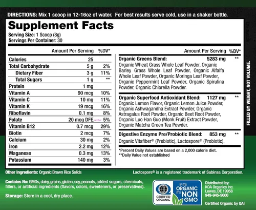Vista 2 de Greens Superfood Juice Powder - Polvo orgánico USDA Super Greens con espirulina, clorella, matcha, pasto de trigo, enzimas digestivas y probióticos