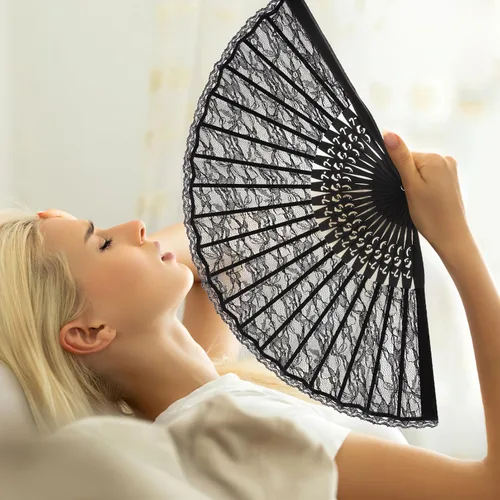 Vista 8 de Lurrose Abanico de mano de encaje elegante negro plegable bordado a mano patrón de flores para bodas, fiestas y eventos de disfraces desplegados