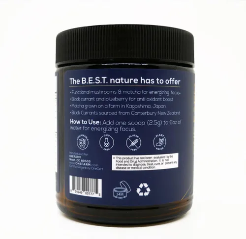 Vista 2 de Mezcla de polvo energizante One Farm con grosella negra orgánica USDA, matcha, melena de león, cordyceps, rodiola y más en un frasco de vidrio