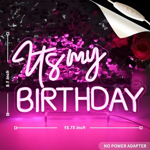 Vista 2 de Planzo It's My Birthday - Letrero de luz de neón LED para decoración de pared Bedroom Living Room Wall Neon Sign Decor Gifts, Window Backdrop