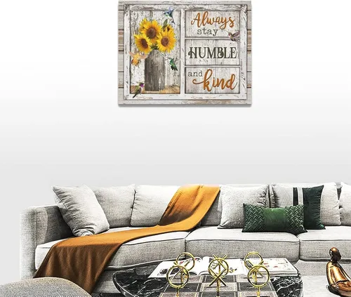 Vista 4 de Arte de pared motivacional, diseño rústico de girasol, colibrí, decoración de pared de baño, con citas inspiradoras "Always Stay Humild" y Kind