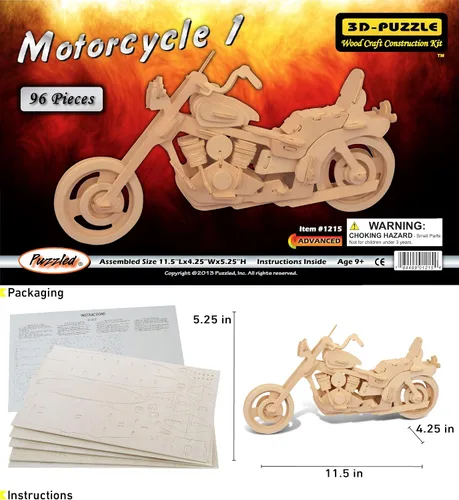 Vista 2 de Puzzled Rompecabezas 3D para motocicleta, kit de modelo de construcción de madera, divertido y educativo, juguete de madera para armar