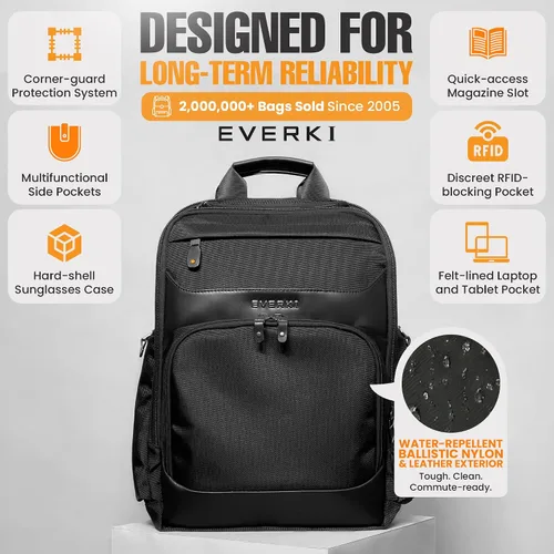 Vista 5 de EVERKI Onyx Mochila para portátil de negocios – Bolso de cuero balístico y nylon duradero, diseño apto para viajes, espacio dedicado para portátiles