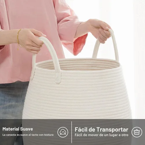 Vista 5 de Canasta de lavandería de cuerda de algodón Fiona's magic, cesta de lavandería tejida grande de 65L, cesto alto para ropa sucia para guardar mantas