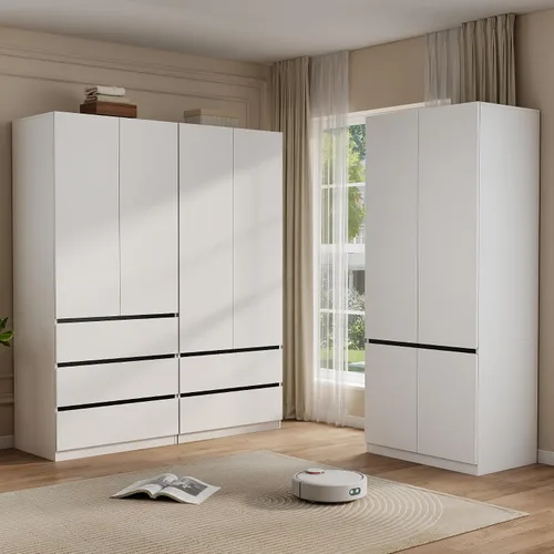 Vista 9 de Armario Ropero Closet con Cajones: Armario Grande Blanco de 75" con 2 Puertas para Colgar Ropa, Armarios de Madera Modernos para Dormitorio con 2