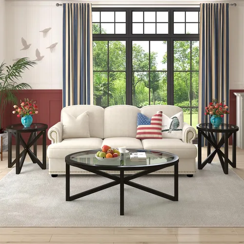 Vista 6 de Mesa auxiliar redonda de 22.1 pulgadas, mesa auxiliar moderna con parte superior de vidrio templado y base de madera maciza para espacios pequeños