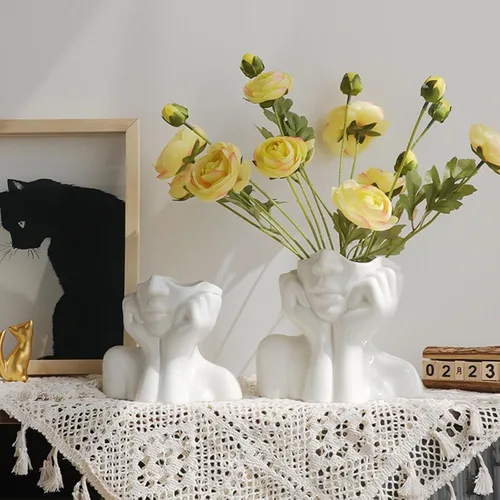 Vista 2 de Jarrón de cerámica con forma de mujer, ideal para decoración de estante, moderno florero para decoración de mesa, florero pequeño de granja