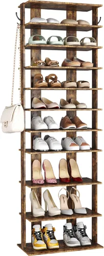 Vista 15 de HOMEFORT Zapatero vertical de 10 niveles, torre de zapatos de esquina, organizador de zapatos delgado con dos ganchos para colgar, soporte