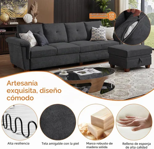 Vista 4 de Sofás seccionales de 4 asientos para sala de estar, dormitorio, oficina, sofá modular convertible en forma de L con otomana y portavasos, gris oscuro