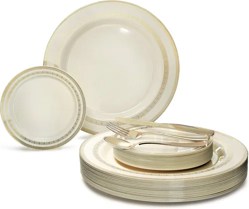 Vista 13 de Occasions" - Juego de 125 piezas (25 invitados) - Platos y cubiertos de plástico para boda, vajilla pesada desechable de 10.5 pulgadas, 6.25