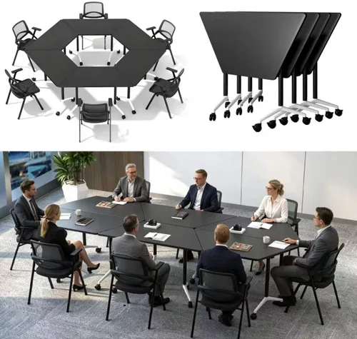 Vista 12 de Mesas de sala de conferencias, mesa de conferencias plegable con ruedas silenciosas, mesa trapezoidal de 47.2 pulgadas, mesa moderna para sala