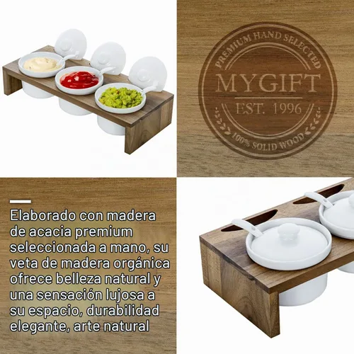 Vista 6 de MyGift Juego de Servir de Condimentos de 10 Piezas Incluye Bandeja de Presentación Elevada de Madera Sólida de Acacia Premium y 3 Cuencos