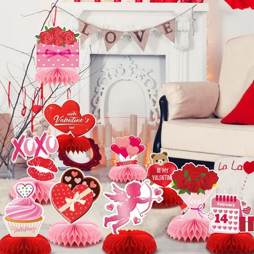 Vista 7 de 10 piezas de centros de mesa de panal de abeja de San Valentín para la mesa, decoraciones de San Valentín, centro de mesa de panal, centros de mesa