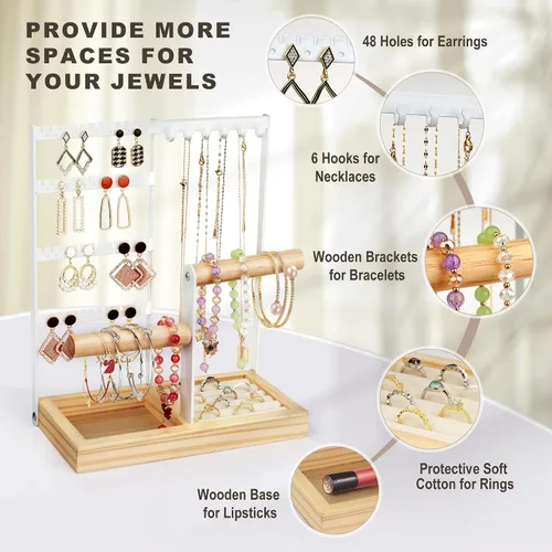 Vista 4 de Espistmo Organizador de joyas, organizador de joyas de 4 niveles, organizador de aretes con 48 agujeros, 6 ganchos para collares, pulseras y soporte