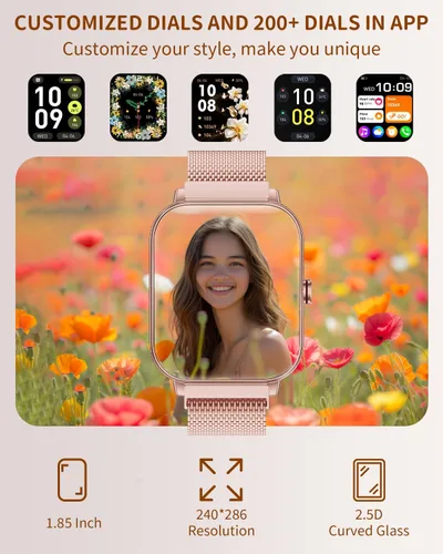 Vista 5 de Relojes inteligentes para mujer (Android/iPhone) batería de 20 días, 4 correas, rastreadores de fitness HD de 1.85 pulgadas con llamadas
