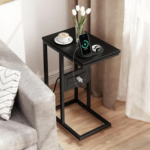 Vista 6 de VECELO Mesa auxiliar en forma de C con estación de carga y tomas de corriente para sofá, cama, bandeja de TV con marco de metal para sala de estar