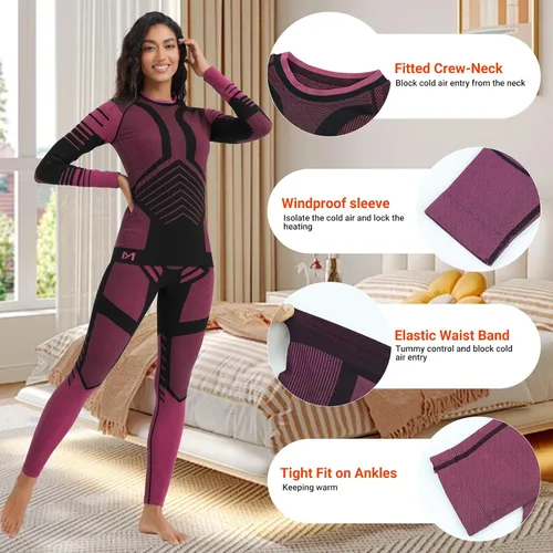 Vista 3 de MEETWEE - Ropa interior térmica para mujer, conjunto de primera capa de compresión para invierno, pantalones largos forrados de forro polar