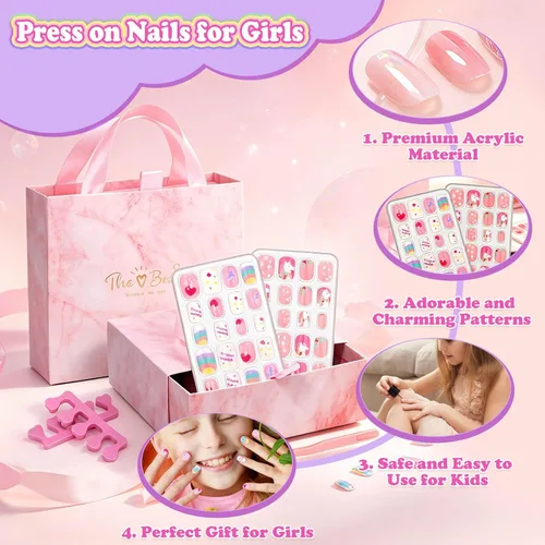 Vista 6 de 144 Piezas de Uñas Postizas a Presión para Niñas, Uñas Postizas para Niñas con Kit de Pegamento, Lindas Puntas de Uñas con Adhesivo de Uñas