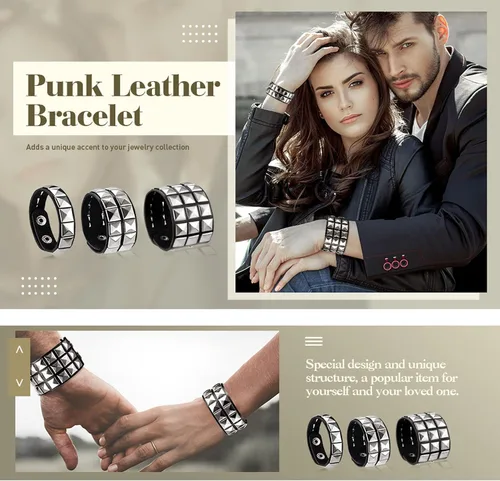 Vista 5 de eYLun Pulsera de cuero para hombres y mujeres, pulseras punk, pulsera ajustable de roca, 2 piezas