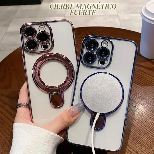 Vista 4 de Funda para iPhone 13 Pro Max de 6.7", compatible con MagSafe, cubierta de teléfono transparente con chapado de lujo a prueba de golpes con soporte