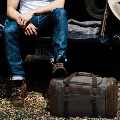 Vista 6 de S-ZONE Bolsa de lona de 65L para viajes durante la noche, bolsa de lona con compartimento para zapatos para hombres y mujeres, Gris, Bolsa de lona