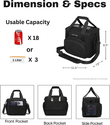 Vista 3 de SUNNY BIRD Lonchera térmica grande de 12 litros, a prueba de fugas y plegable, para mujeres adultas y hombres, se adapta a 18 latas (Negro 01)