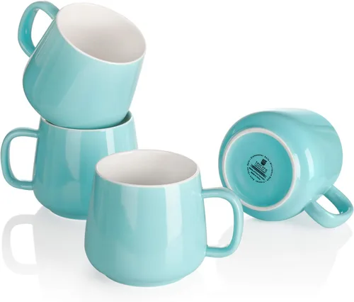Vista 11 de Teocera Juego de 4 tazas de café de cerámica de 12 oz con asas grandes para bebidas calientes o frías como café con leche, cacao, té o jugo Beige
