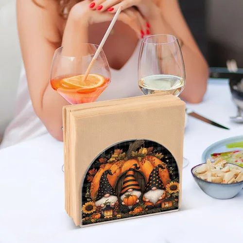 Vista 7 de Servilletero de otoño de gnomo negro para mesa, dispensadores de pañuelos acrílicos, servilleteros de cóctel para bodas, fiestas, eventos