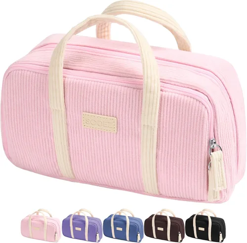 Vista 10 de Sooez Estuche grande para lápices, extra grande con 5 compartimentos, bolsa para bolígrafos de amplia apertura, organizador de pana suave con Beige