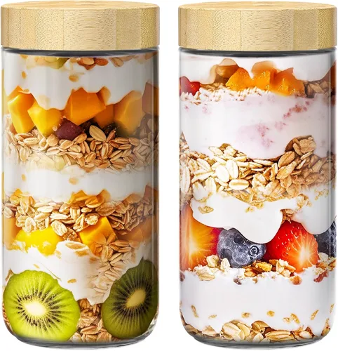 Vista 15 de Paquete de 2 recipientes para avena nocturna de 10 onzas con tapas de bambú, frascos de vidrio con tapas herméticas para preparación de comidas