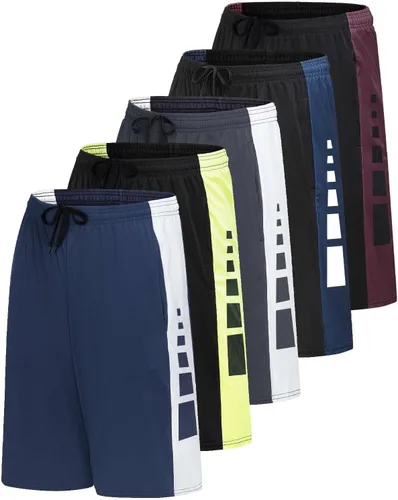 Vista 10 de Real Essentials Paquete de 5 para hombre: pantalones cortos Dry-Fit de 9" - Gimnasio atlético, entrenamiento, baloncesto, correr, bolsillos casuales