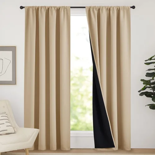 Vista 117 de NICETOWN Biscotti Beige 100% Cortinas opacas de 45" de largo para cocina, bolsillo con varilla para sótano completamente opaco, cortinas térmicas