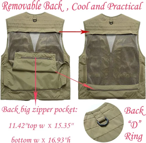 Vista 4 de Flygo Chaleco casual de varios bolsillos para hombre, uso al aire libre, para pescar, con fotos, safari, trabajo, viajes, chaleco