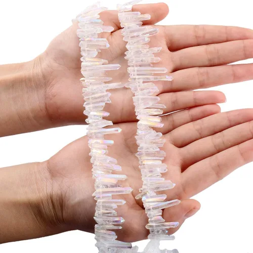 Vista 6 de mookaitedecor Cuentas sueltas de cristal de cuarzo de roca con revestimiento de titanio, puntas de cristal, púas, perforadas en la parte superior