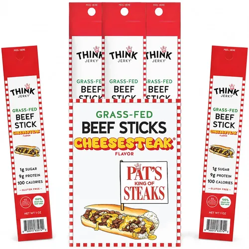 Vista 20 de Think Jerky x Pat's King of Steaks - Palitos oficiales de carne de res con sabor a cheesesteak, edición limitada, bocadillos de carne de res
