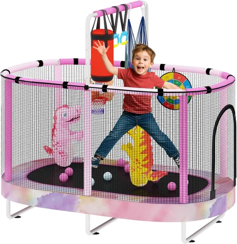 Vista 24 de LAMERGE Trampolín redondo 7 en 1 de 55 pulgadas para niños y niñas de 1 a 8 años, trampolín para interiores y exteriores para diversión, barandilla