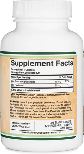 Vista 2 de Picolinato de zinc 50 mg, 300 cápsulas (apoyo inmunológico) sin OMG, sin gluten (suministro para 300 días) por Double Wood Supplements